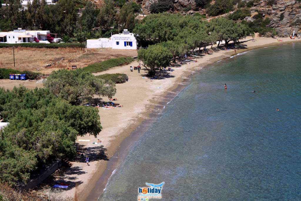 Close up of the beautiful sandy beach of Chrysopigi. A great choise for swimming and lunch at one of the taverns  