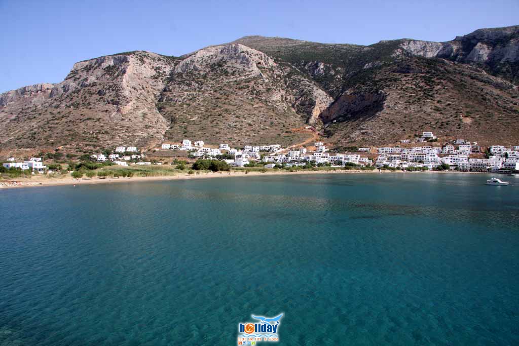 View of the sandy beach of Kamares from Agia Marina  